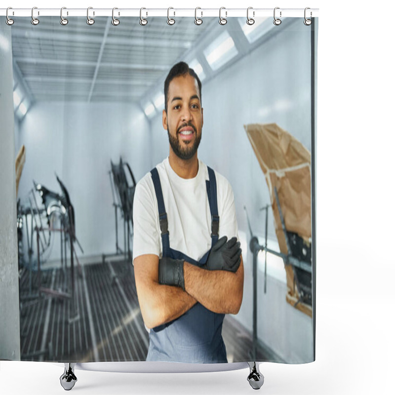 Personality  A Young Mechanic Stands Proudly With Arms Crossed In A Well Lit Automotive Workshop. Shower Curtains