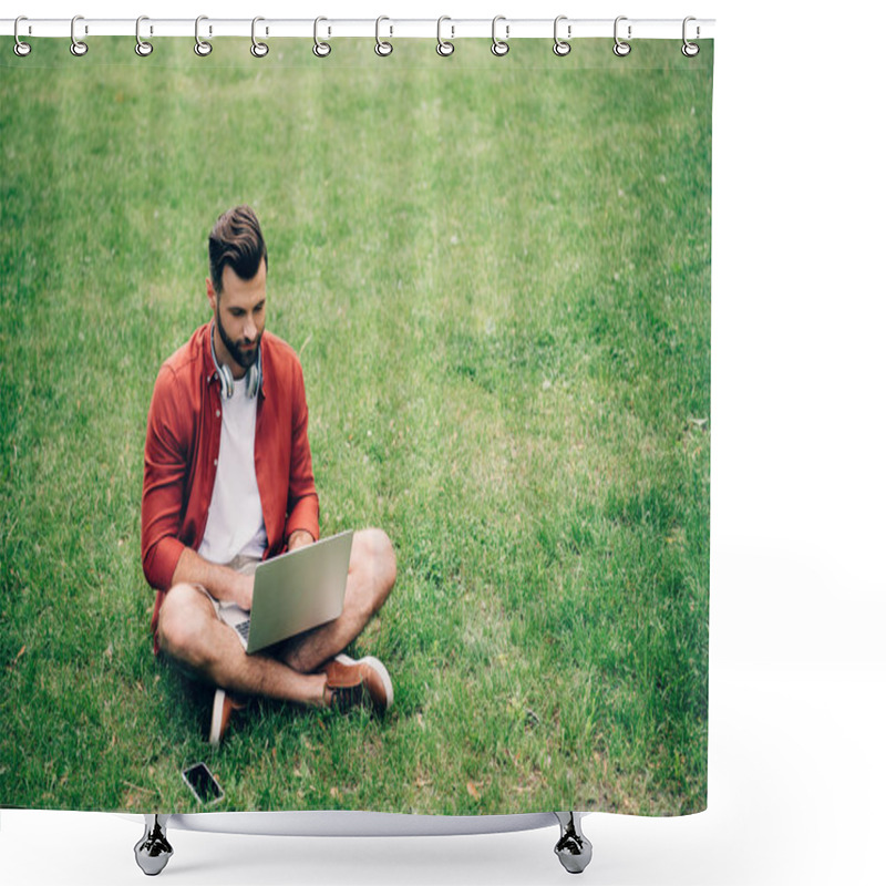 Personality  Man Sitting On Grass In Park Near Smartphone And Using Laptop  Shower Curtains