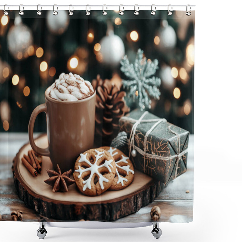 Personality  A Cozy Christmas Breakfast Featuring Hot Chocolate And Cookies, With A Beautifully Decorated Tree In The Background. Generated With AI Shower Curtains