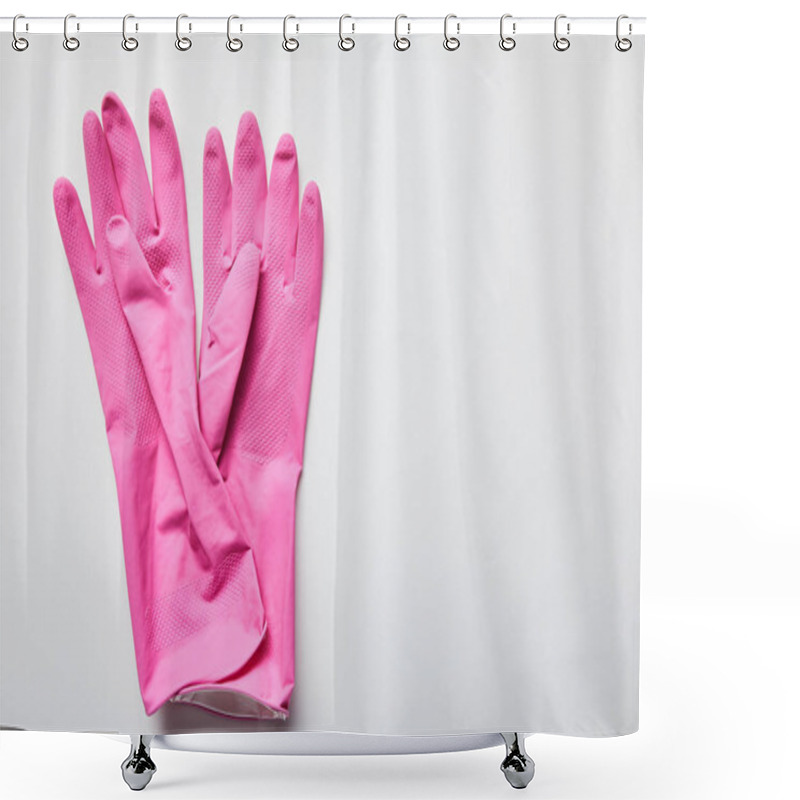 Personality  Top View Of Pink Rubber Gloves On Grey Background With Copy Space  Shower Curtains