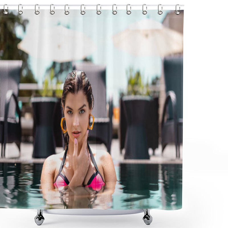 Personality  Selective Focus Of Beautiful Woman Swimming And Looking At Camera In Swimming Pool Shower Curtains