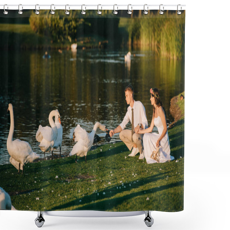 Personality  Beautiful Young Wedding Couple Feeding Swans Near Lake Shower Curtains