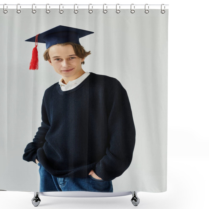 Personality  Handsome Young Student Proudly Wears His Graduation Cap While Posing In A Studio. Shower Curtains