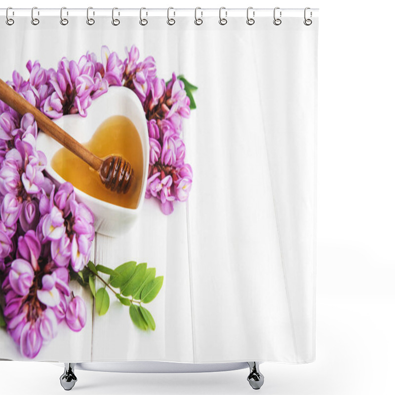 Personality  Honey With Acacia Blossoms On A Wooden Background Shower Curtains