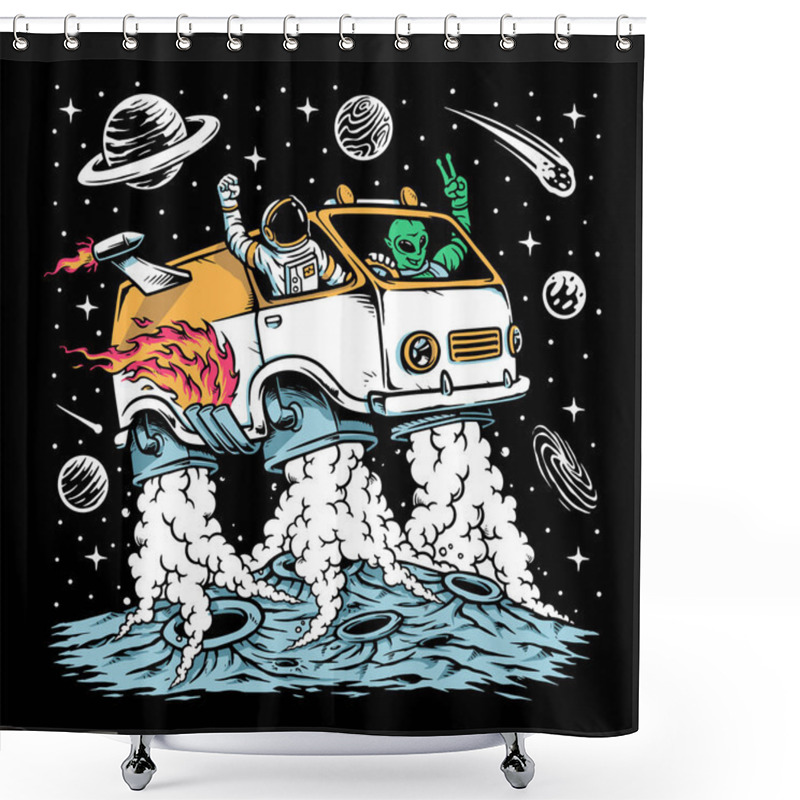 Personality  Astronaut And Alien Drive Space Car Illustration Shower Curtains