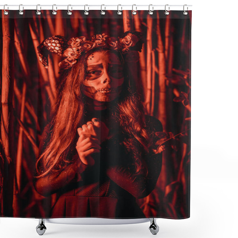 Personality  Portrait Of Young Woman With Scary Halloween Makeup, Day Of The Dead Theme Shower Curtains