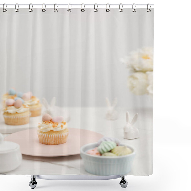 Personality  Selective Focus Of Cupcakes With Decorative Bunnies, Bowl With Meringues And Flowers On Grey Background Shower Curtains