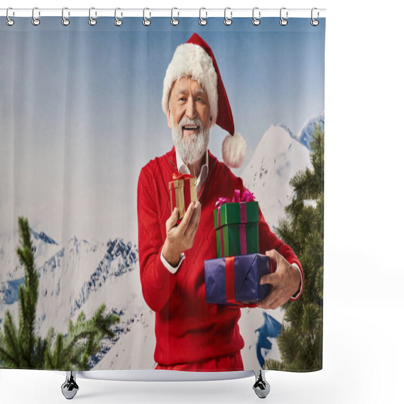 Personality  Jolly White Bearded Santa Posing With Presents With Snowy Mountain Backdrop, Winter Concept Shower Curtains