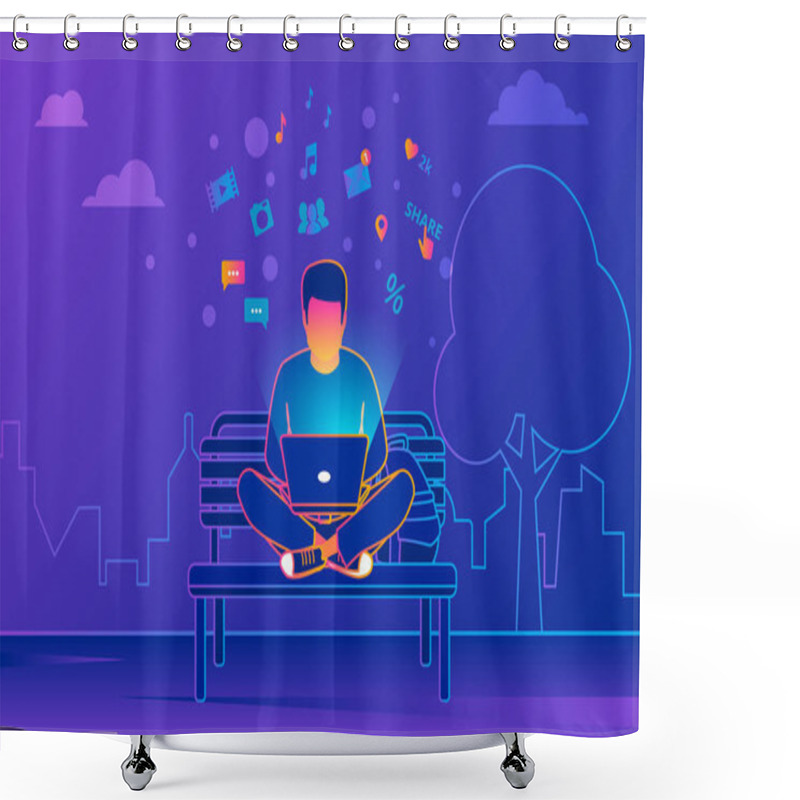 Personality  Young Man Sitting In The Park And Working With Laptop On Violet Background. Shower Curtains