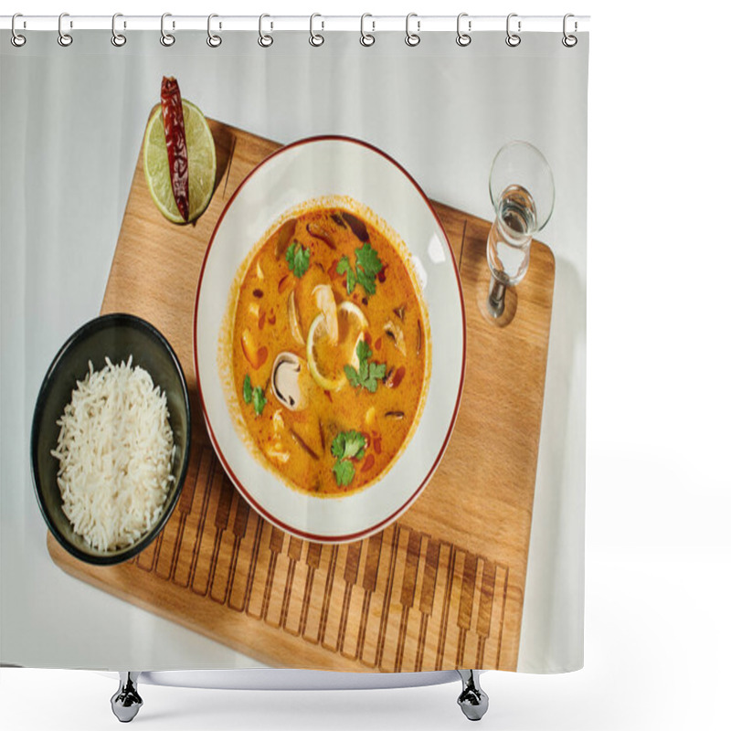 Personality  Thai Soup With Coconut Milk, Shrimp, Lemongrass And Cilantro Near Rice Bowl On Grey, Tom Yum Shower Curtains