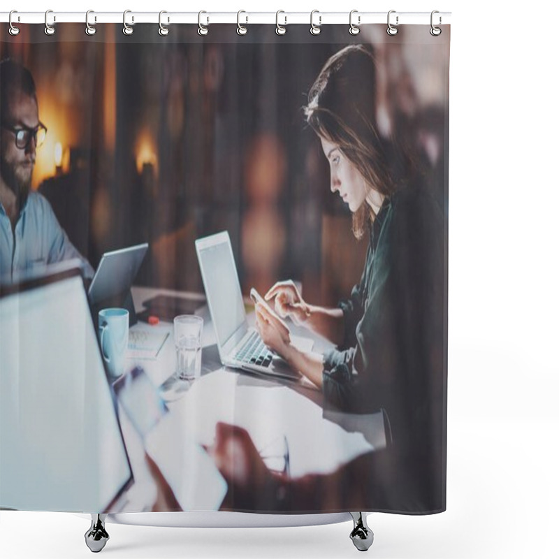 Personality  Business Team Working Process Photo.Group Of Young Coworkers Working Together At Night Modern Office Loft.Blurred Background.Horizontal Mockup. Flares And Reflections Effect. Shower Curtains