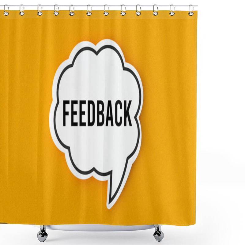 Personality  Feedback Concept Written In A Speech Bubble. Yellow Background, Illustration. Shower Curtains