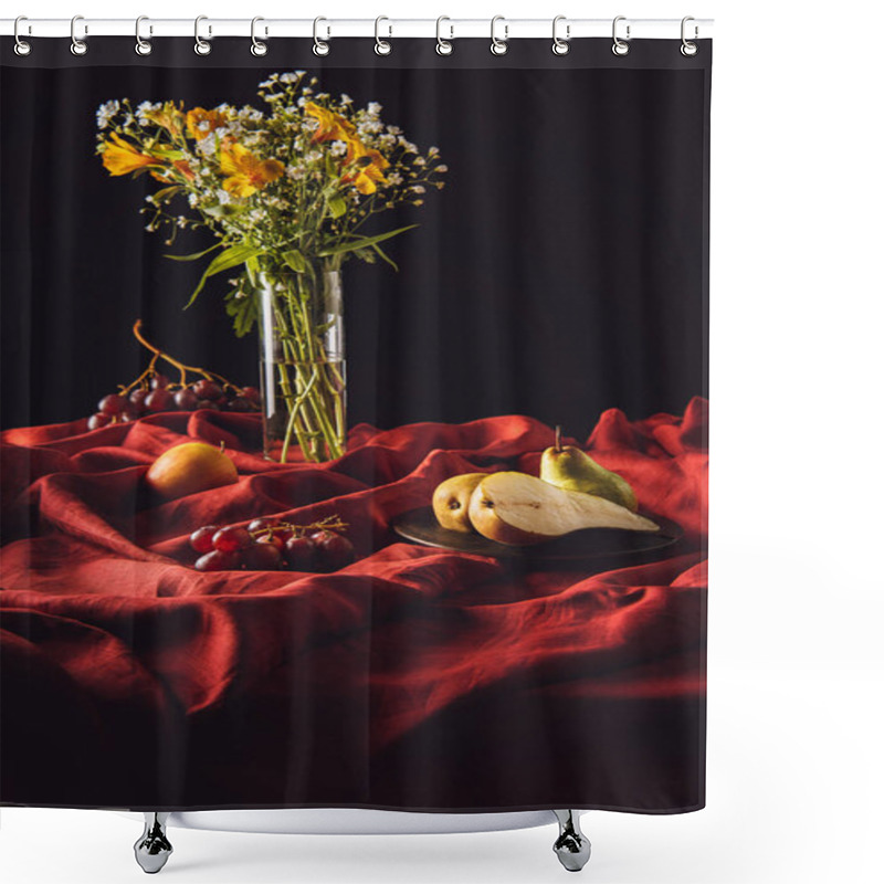 Personality  Still Life With Different Fruits And Flowers In Vase On Red Drapery On Black Shower Curtains