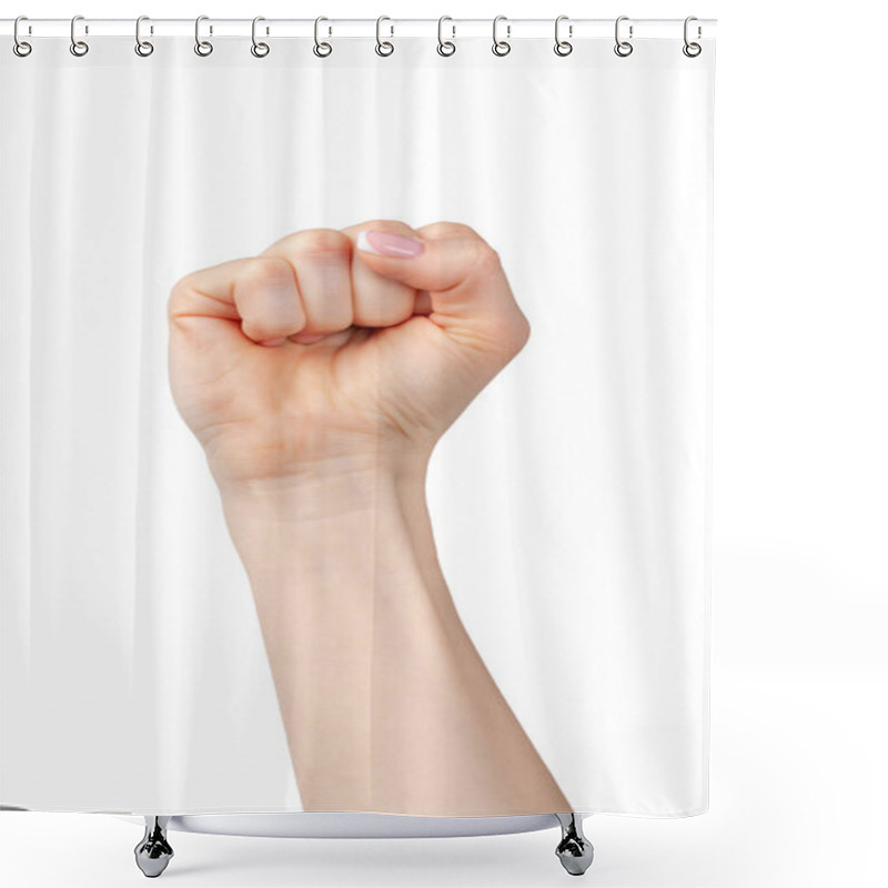 Personality  Female Fist Raised Up Isolated On White Background Shower Curtains