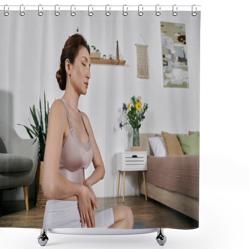 Personality  A Woman In A Crop Top Sits In A Meditative Pose On A Yoga Mat In A Modern Apartment, Eyes Closed, Surrounded By Calming Decor. Shower Curtains