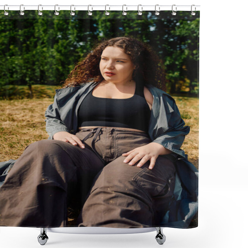 Personality  A Beautiful Plus Size Woman Relaxes In A Sunlit Field, Surrounded By The Beauty Of Nature. Shower Curtains