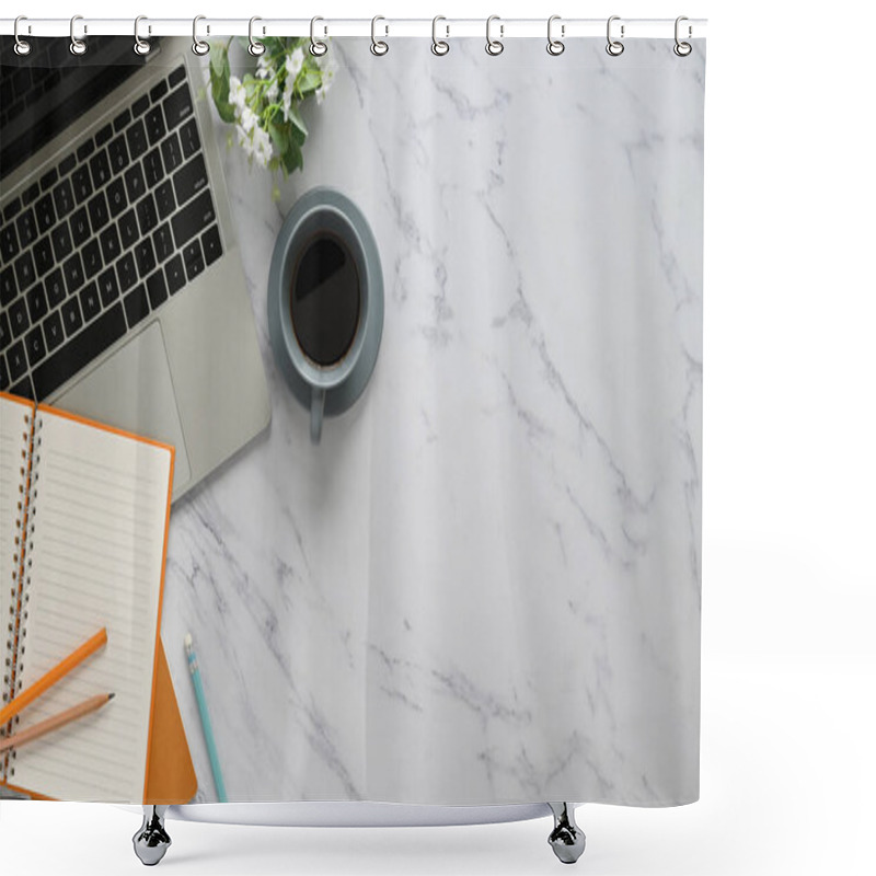 Personality  Top View Image Of Marble Table With Accessories Putting On It. Flat Lay Computer Laptop, Ceramic Coffee Cup, Potted Plant, Notebook And Pencil. Orderly/Comfortable Workplace Concept. Shower Curtains