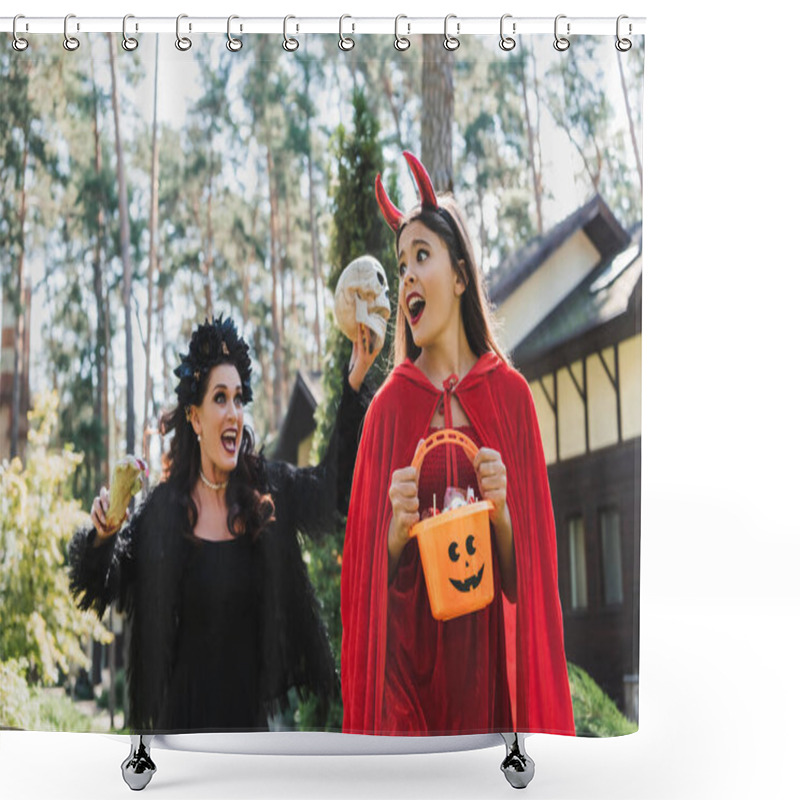 Personality  Woman In Vampire Halloween Costume Screaming And Scaring Daughter With Skull And Toy Hand Shower Curtains