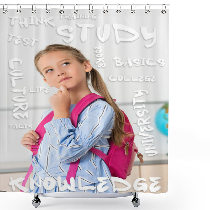 Personality  Dreamy Schoolgirl With Backpack Looking Away Near Study, Think And University Illustration  Shower Curtains