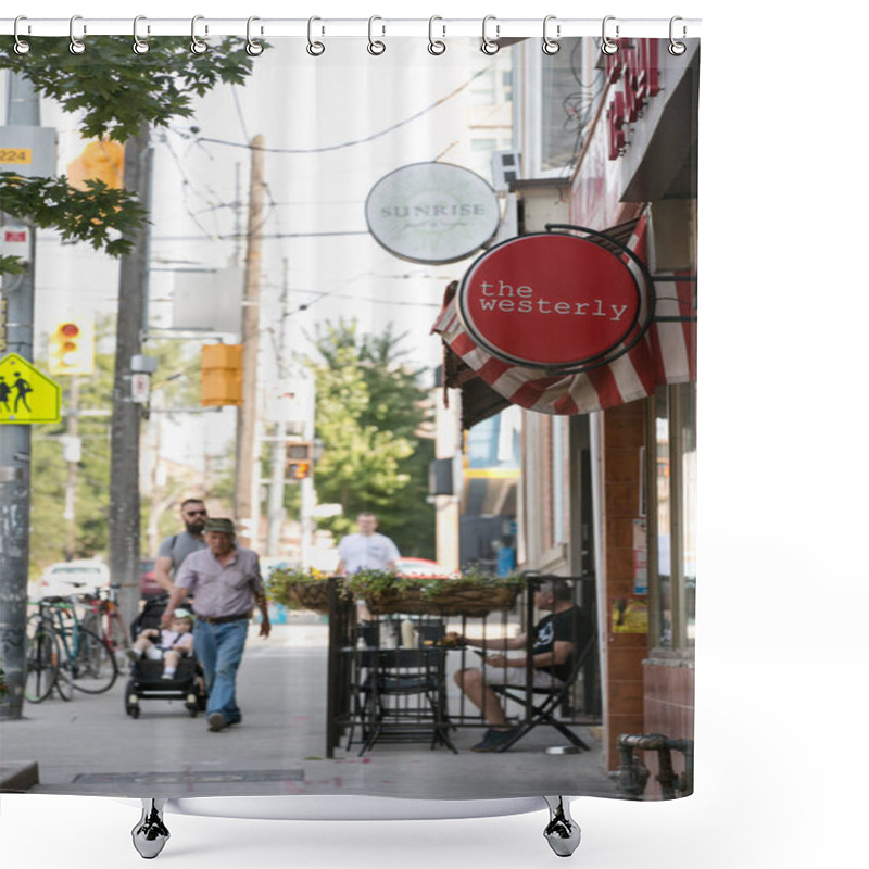 Personality  TORONTO, CANADA - AUGUST 21, 2017: ROW OF STORES ON EAST SIDE RONCESVALLES AVENUE Shower Curtains