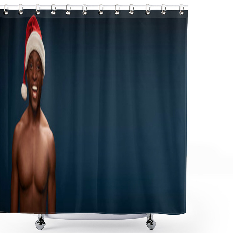 Personality  Joyful And Muscular African American Man In Santa Hat Smiling On Navy Blue Backdrop, Banner Shower Curtains