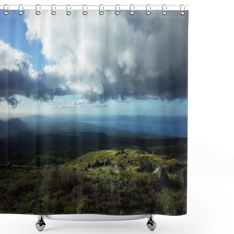 Personality  Nature Landscape Of Chile, Sun Is Shining On Green Grass On Slope Of Villarrica Volcano, Low Clouds, Villarrica Lake On Horizon Shower Curtains