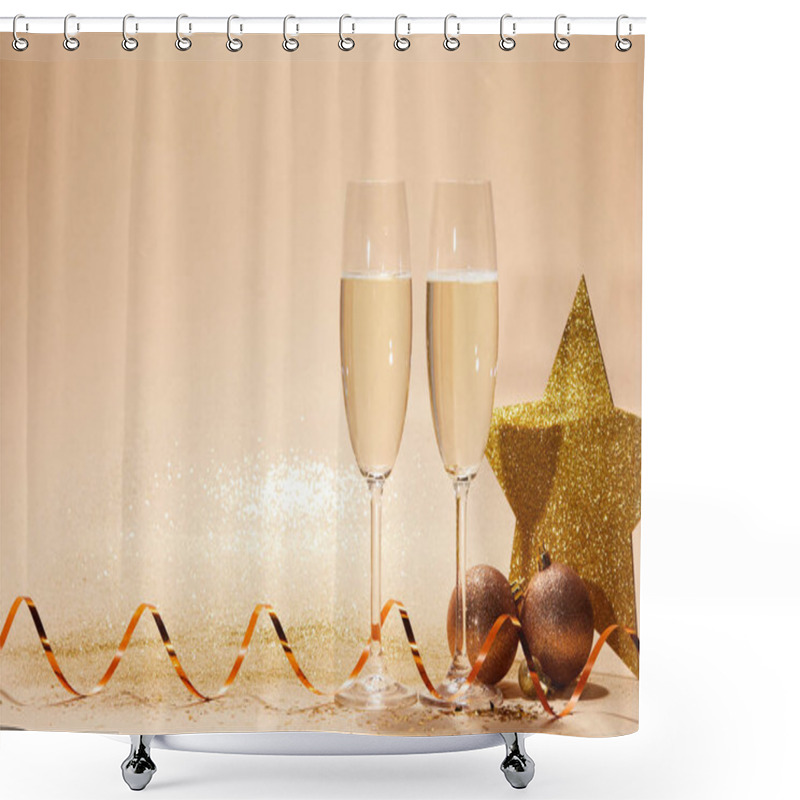 Personality  Christmas Toys, Glittering Star And Two Glasses Of Champagne With Glitter On Tabletop Shower Curtains