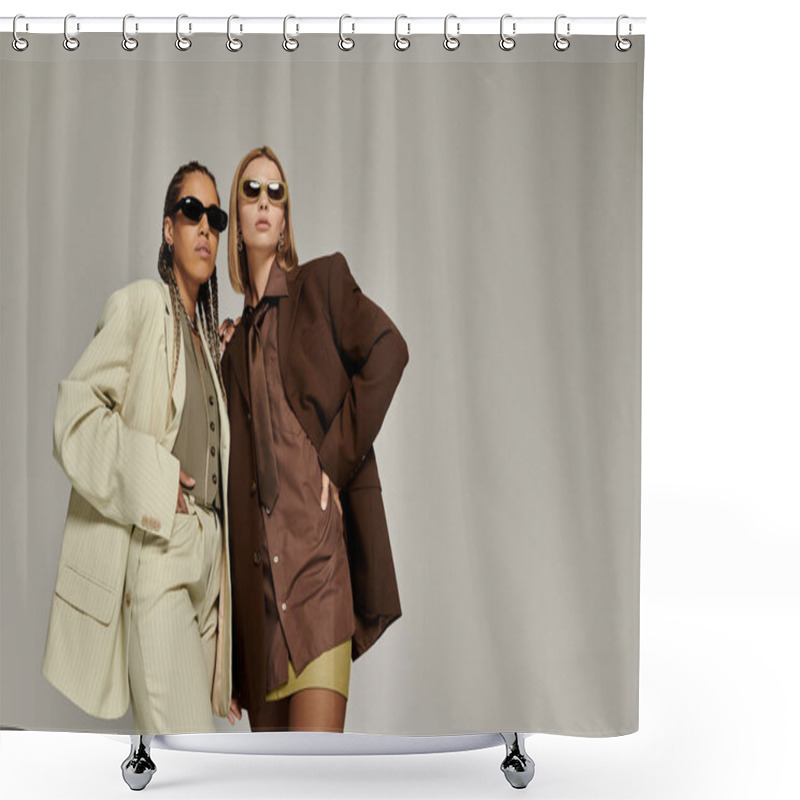 Personality  Two Fashionable Women Showcase Trendy Autumn Outfits, Radiating Warmth And Confidence. Shower Curtains