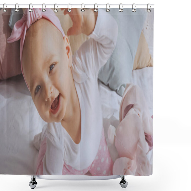 Personality  Adorable Baby Girl With Headband Smiling And Gesturing In Baby Crib At Home  Shower Curtains