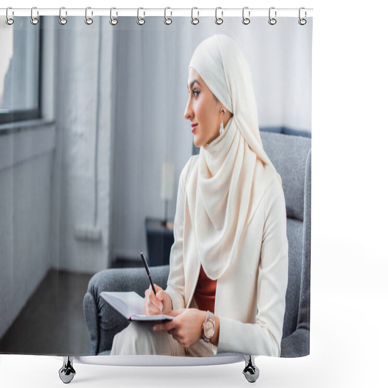 Personality  Beautiful Young Muslim Woman Sitting In Chair With Notepad And Looking Away Shower Curtains