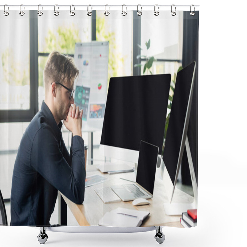 Personality  Side View Of Programmer Looking At Computers Near Laptop And Notebooks On Table  Shower Curtains