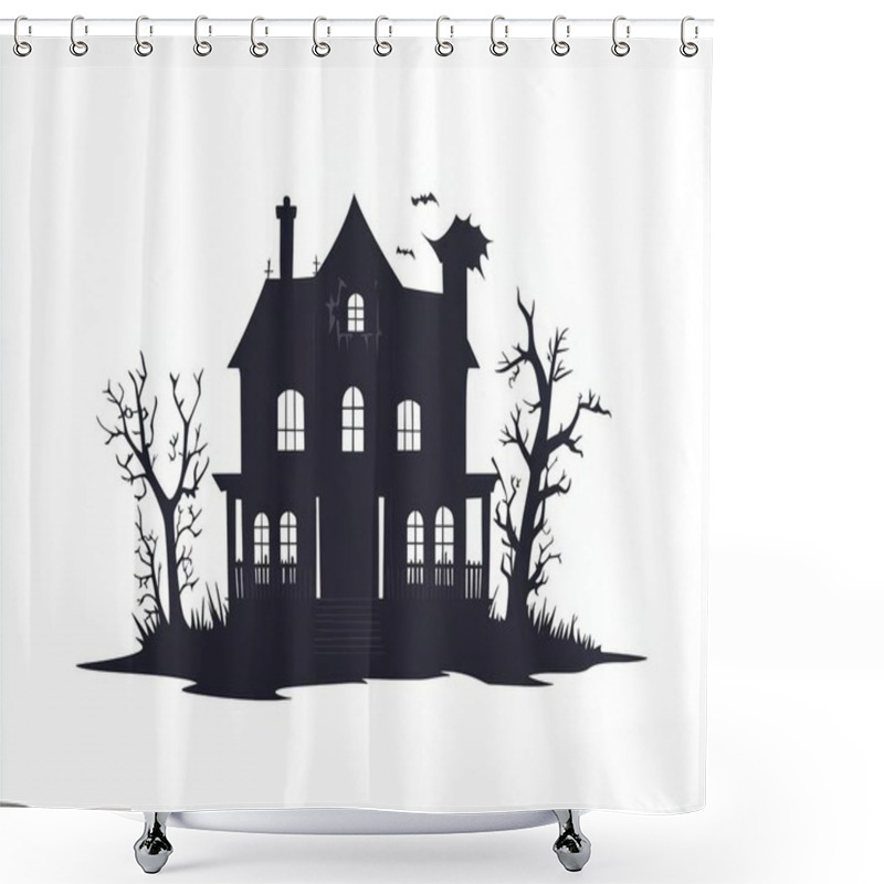 Personality  Spooky Silhouette Of A Haunted House, Surrounded By Barren Trees And Bats, Evoking A Chilling Halloween Vibe. Shower Curtains