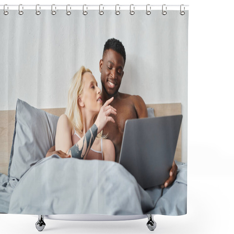 Personality  A Multicultural Couple Relaxes In Bed, Engrossed In The Content On Their Laptop Screen. Shower Curtains