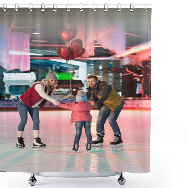 Personality  Happy Family With One Child Holding Heart Shaped Balloons On Skating Rink Shower Curtains