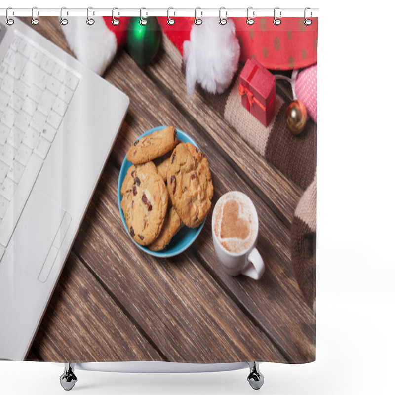 Personality  Laptop And Cookies Wuth Cup Of Coffee Near Christmas Gifts. Shower Curtains