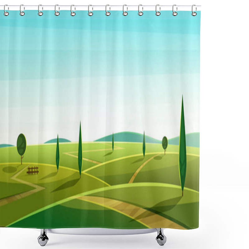 Personality  Road On The Hills. Summer Landscape. Rural Valley View. Beautiful Green Fields With And Meadow, Mountains And Blue Sky  Shower Curtains