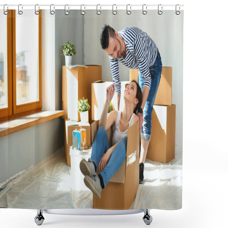 Personality  Happy Young Couple Unpacking Or Packing Boxes And Moving Into A New Home Shower Curtains