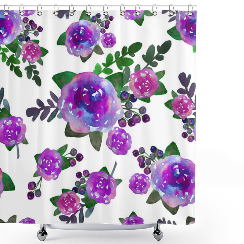 Personality  Romantic Floral Seamless Pattern With Rose Flowers And Leaf. Print For Textile Wallpaper Endless. Hand-drawn Watercolor Elements. Beauty Bouquets. Pink, Violet . Green On White Background. Shower Curtains