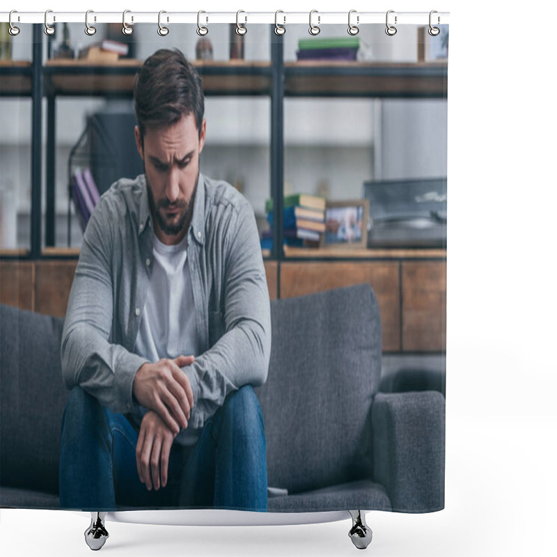 Personality  Depressed Man Sitting And Grieving On Couch In Living Room Shower Curtains