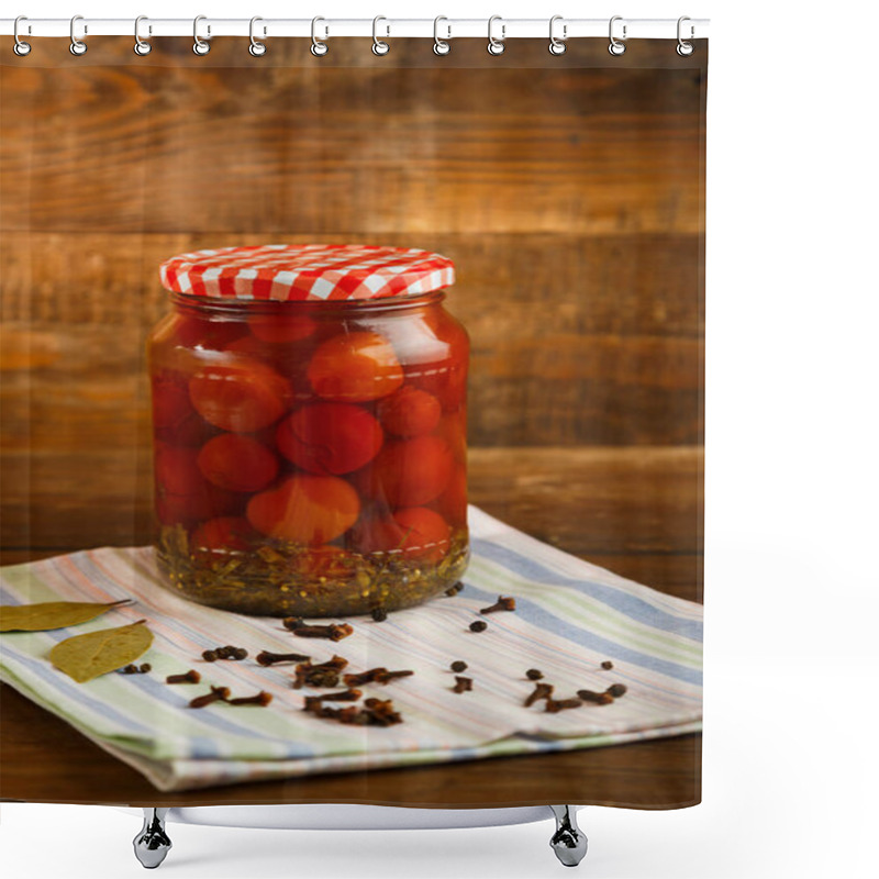 Personality  Jars Of Pickled Homemade Pickled Cherry Tomatoes On A Wooden Table. Shower Curtains