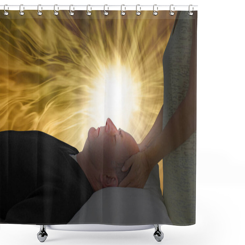 Personality  Channelling Beautiful Golden Healing Energy  - Female With Hands Gently Holding Man's Head, Laid Supine, With A Vibrant White Light Lighting Up His Face Surrounded By Golden Light And Copy Space Shower Curtains