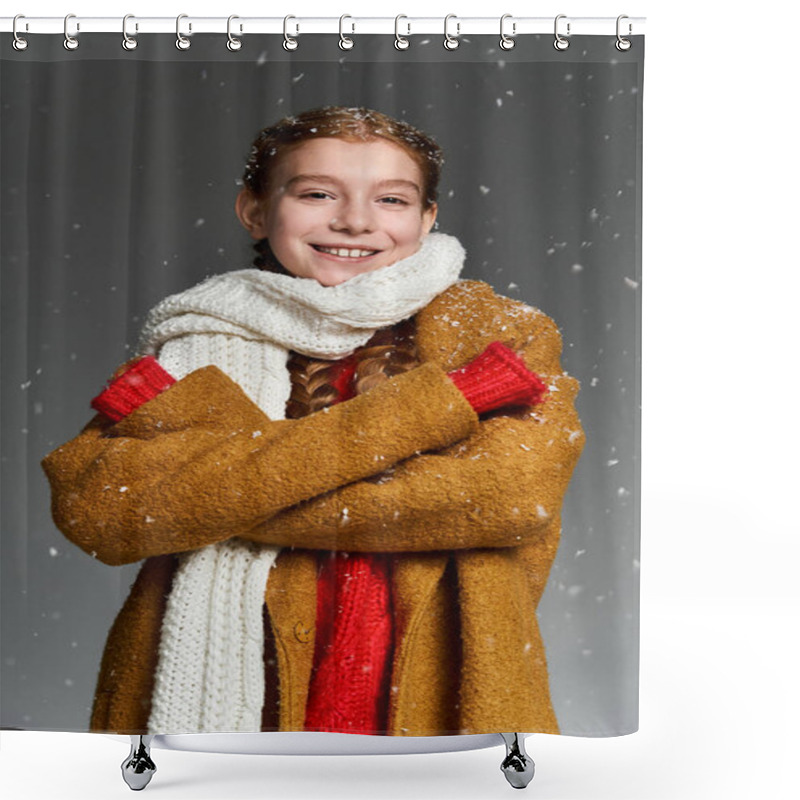 Personality  A Happy Girl Stands Warmly Dressed In Winter Layering, Embracing Falling Snowflakes. Shower Curtains