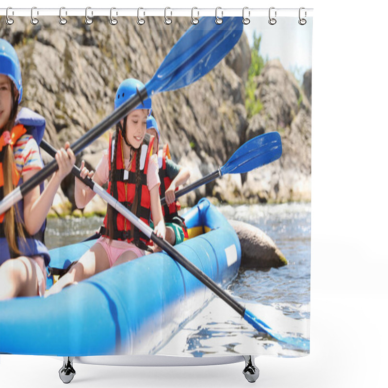 Personality  Little Children Kayaking On River. Summer Camp Shower Curtains