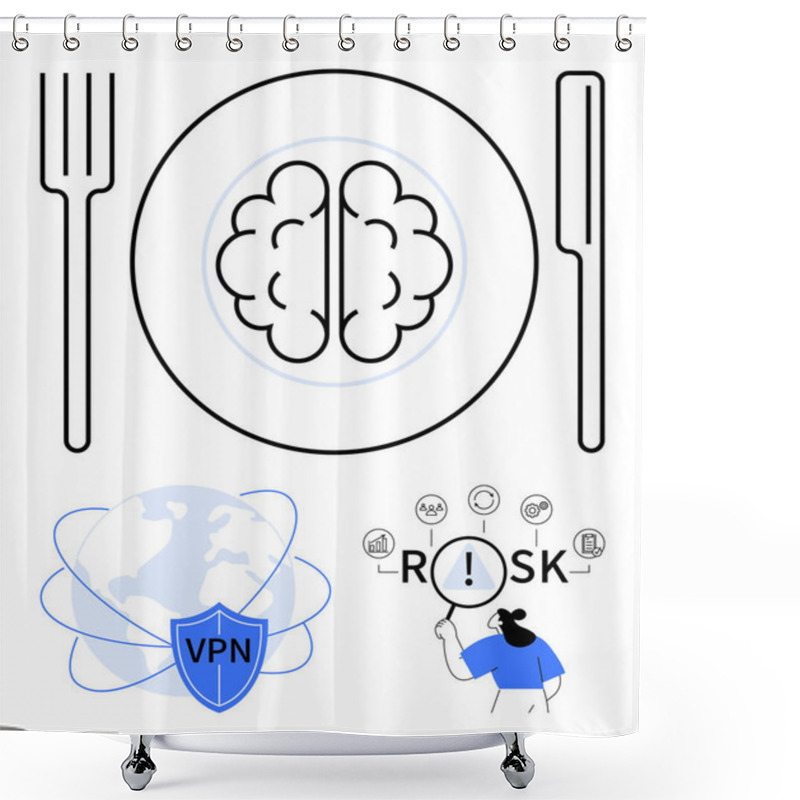 Personality  Brain On A Plate With Cutlery, VPN Security Shield Over The Globe, Person Analyzing Risk Icons. Ideal For Cybersecurity, Risk Assessment, Mental Focus, Strategy, Data Protection, Problem-solving Shower Curtains