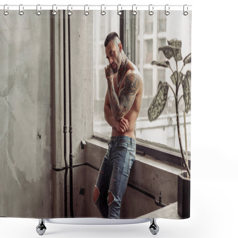 Personality  Fashion Portrait Of Sexy Naked Male Model With Tattoo And A Black Beard Standing In Hot Pose On Near The Window. Loft Room Interior With Grey Concrete Wall. Professional Studio Image Shower Curtains