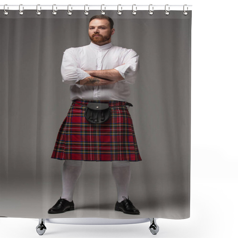 Personality  Scottish Redhead Man In Red Kilt With Crossed Arms On Grey Background Shower Curtains