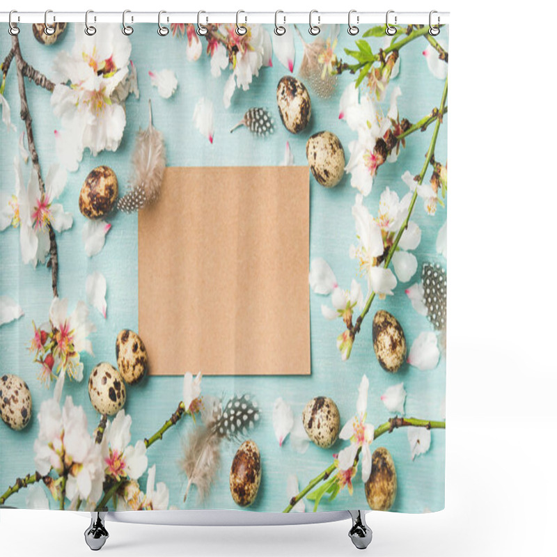 Personality  Easter Holiday Background. Flat-lay Of Tender Spring Almond Blossom Flowers On Branches, Feathers, Quail Eggs And Paper In Center Over Blue Background Shower Curtains