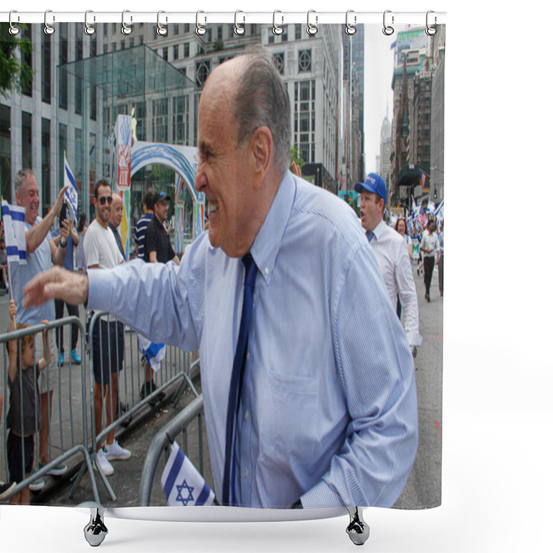 Personality  Andrew And Rudy Guiliani At Israel Parade 2022. May 22, 2022, New York, USA: The Candidate To New York Governorship, Andrew Guiliani And His Father, Rudy Guiliani, Ex Mayor Of New York At The Israel Parade 2022.  Shower Curtains