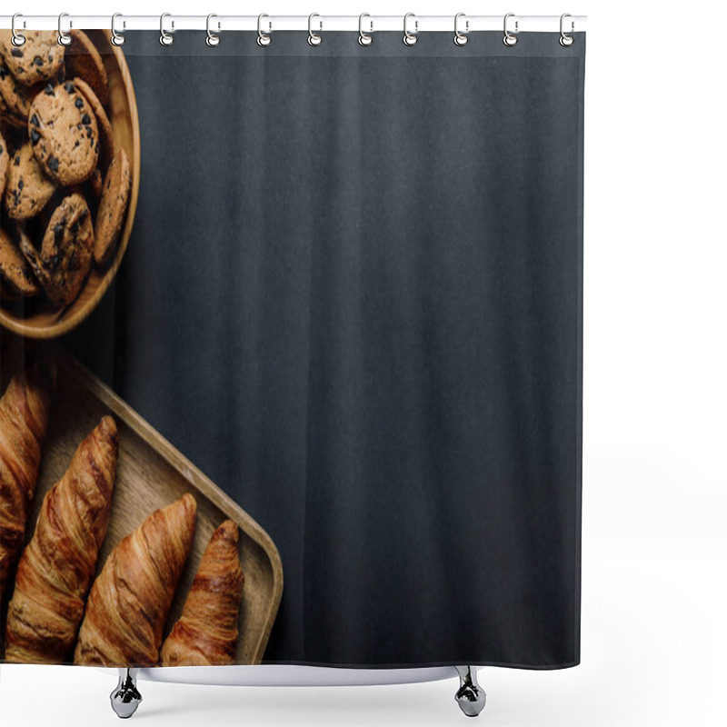 Personality  Elevated View Of Tray With Delicious Croissants And Cookies In Bowl On Black Table Shower Curtains