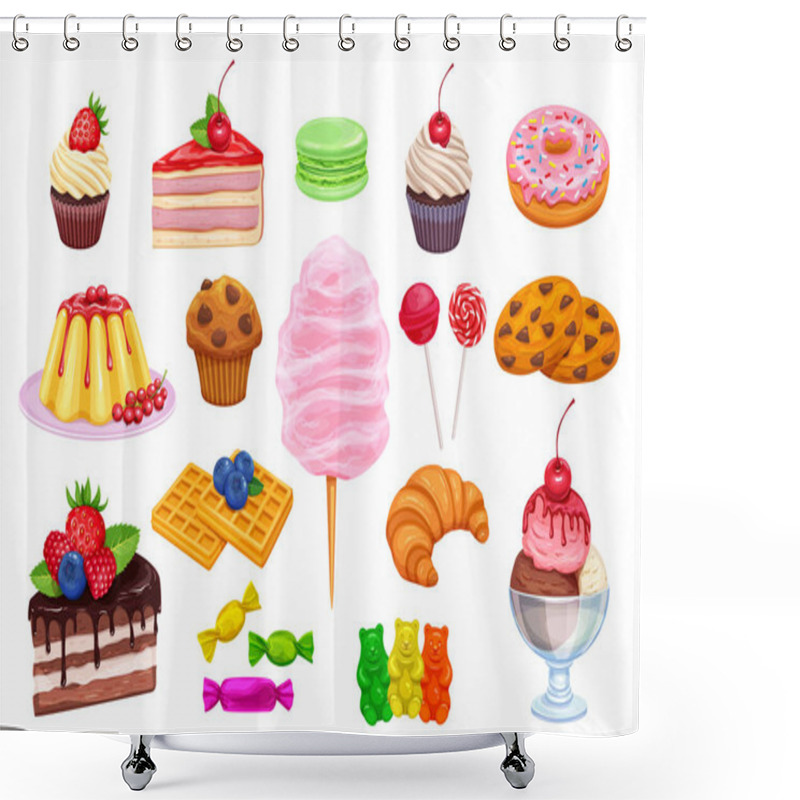 Personality  Vector Set Confectionery And Sweets Icons. Dessert, Lollipop, Ice Cream With Candies, Macaron And Pudding. Donut And Cotton Candy, Muffin, Waffles, Biscuits And Jelly, Shower Curtains